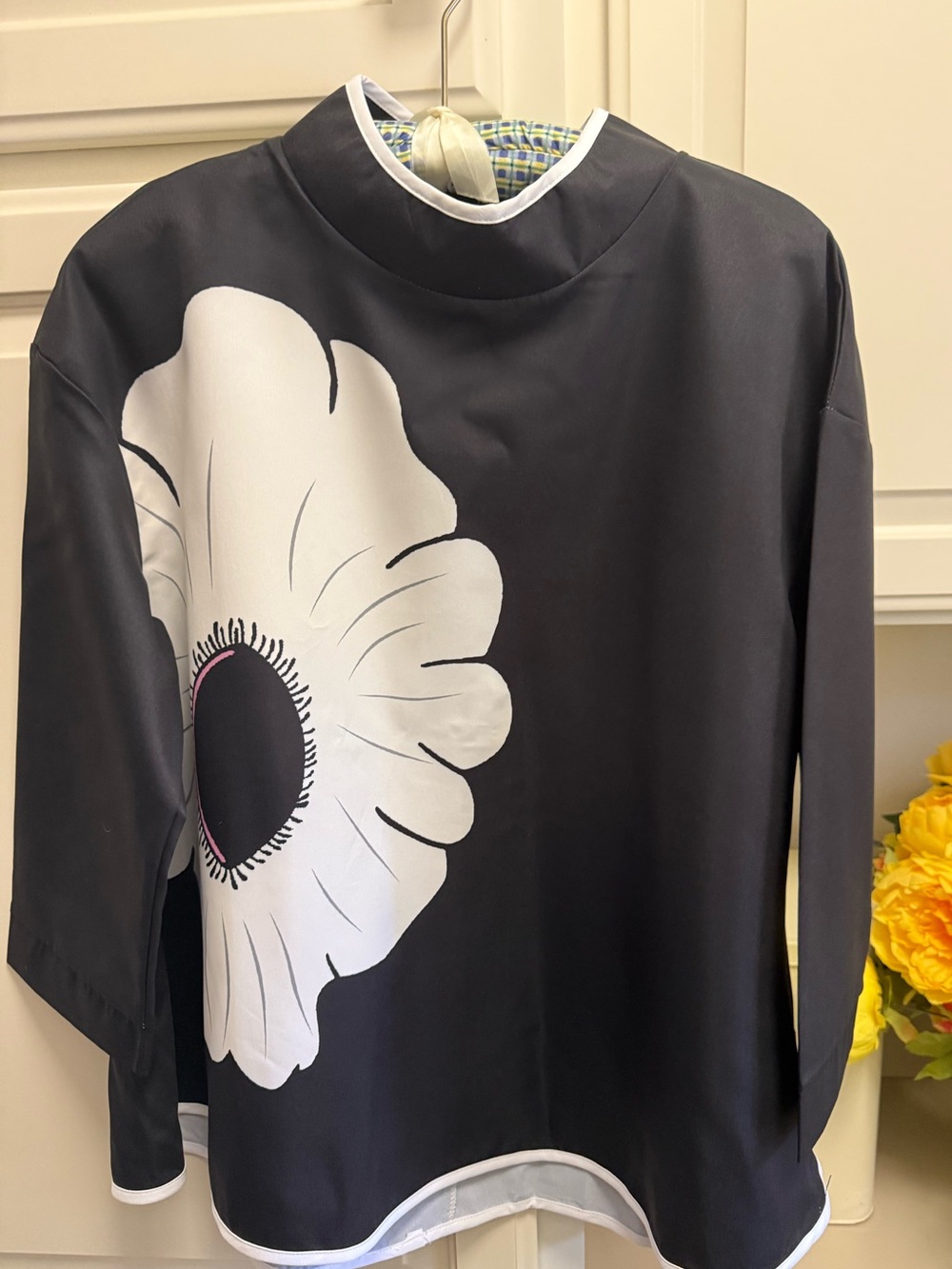 Black Long-Sleeve Tee with Bold White Floral Print